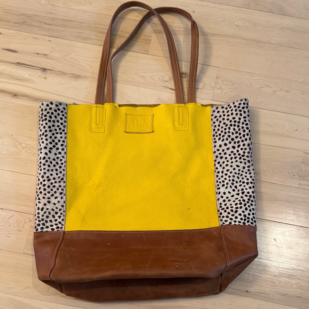 Sseko Designs purse-tote bag-yellow body-brown leather base-Read